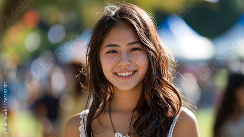 A japanesse woman in her 20s smiling brightly with a refreshing expression on a hot summer day photo