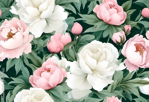 AI generated illustration of White and pink peonies with green leaves