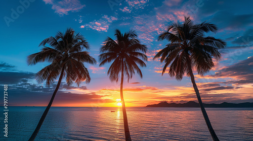 silhouettes of palm trees swaying in the gentle breeze against the backdrop of a breathtaking sunrise over the ocean