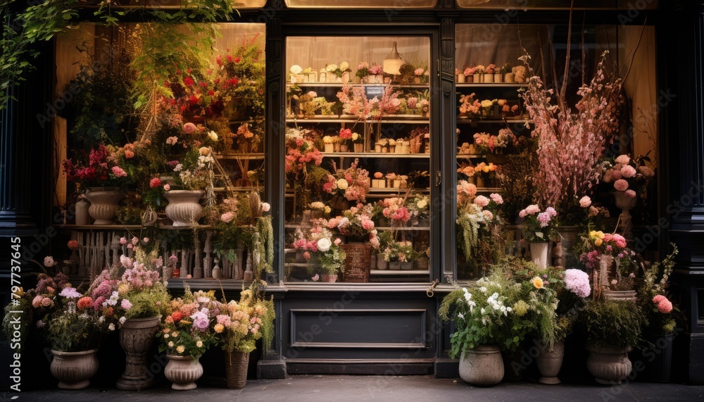 A store front with a variety of flowers displayed in front, showcasing seasonal blooms and colors