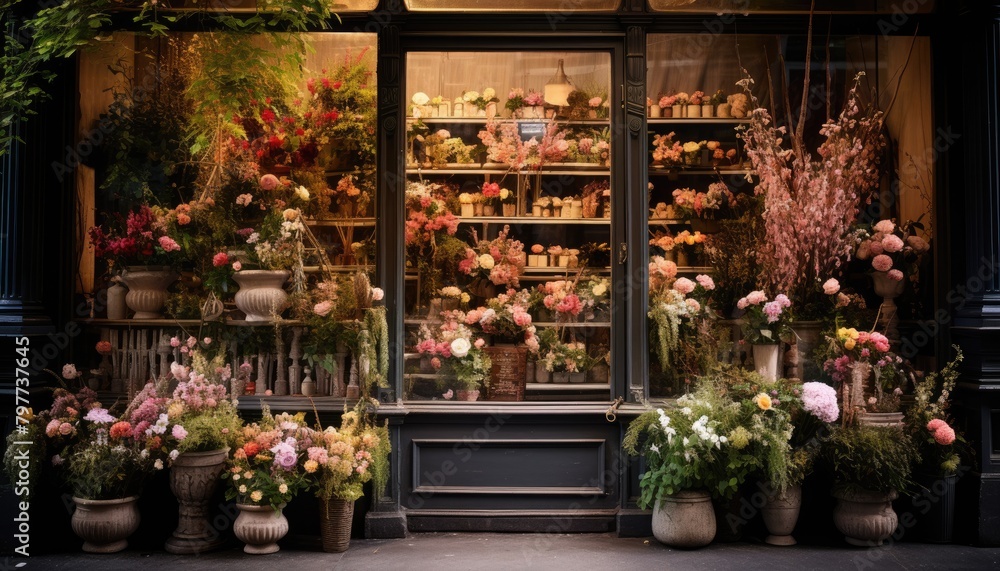 A store front with a variety of flowers displayed in front, showcasing seasonal blooms and colors A store front with a variety of flowers displayed in front, showcasing seasonal blooms and colors