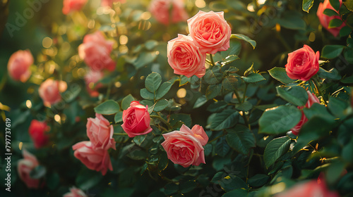 A photo of a blooming rose bush  with lush green foliage as the background