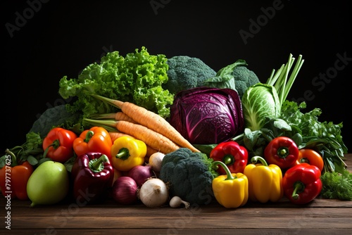 An assortment of fresh vegetables, including peppers, carrots, and cabbages, arranged on a dark surface against a black background.