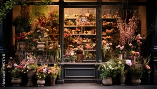 A store front with a variety of flowers displayed in front, showcasing seasonal blooms and colors