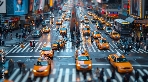 a busy intersection, with honking cars and bustling pedestrians as the background