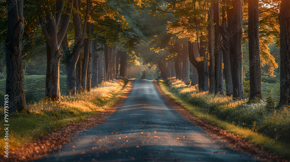 A photo of a country road, with towering trees lining the path as the background