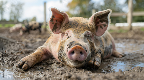 contented pig  with muddy patches in a pen as the background