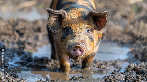 contented pig, with muddy patches in a pen as the background