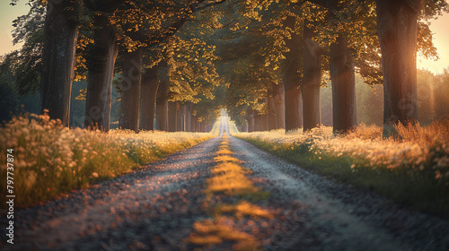 A photo of a country road, with towering trees lining the path as the background photo