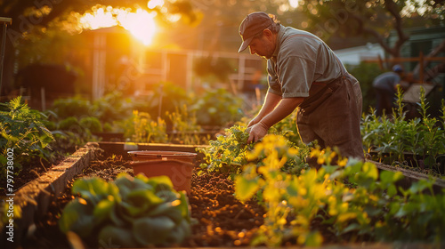 A photo of a gardener tending to a raised bed, with rich compost as the background © Nate