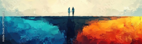 An abstract painting depicting a man and woman standing at the edge of a cliff, contemplating the horizon of life