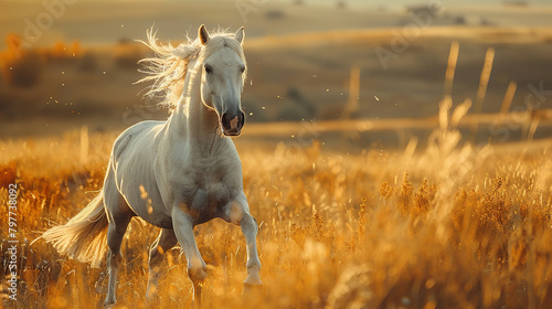 A photo of a majestic horse  with rolling hills behind  during a morning gallop