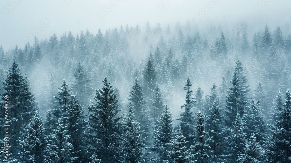 snow-covered alpine forest, with evergreen trees as the background