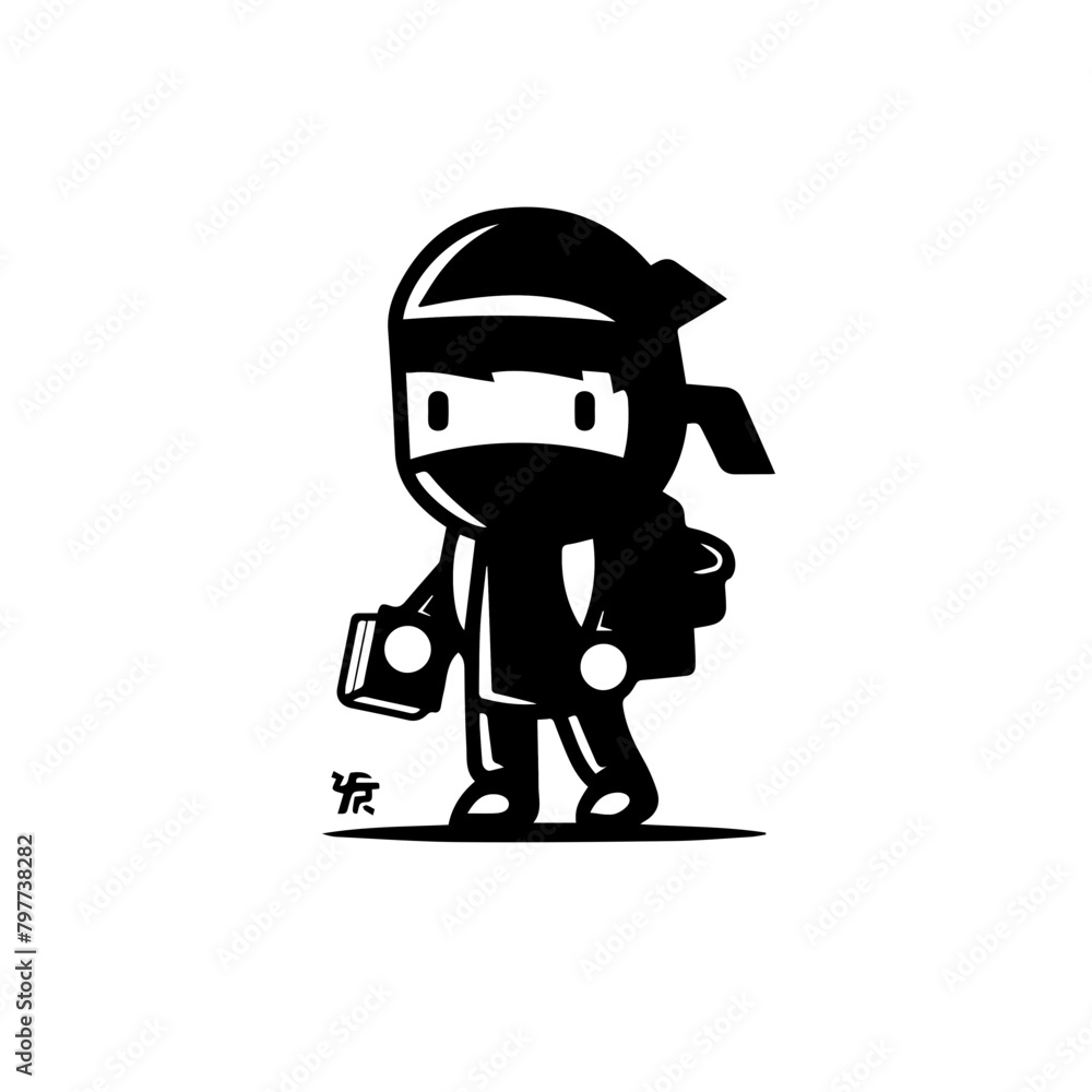 Fototapeta premium A flat design logo of a little ninja boy with a backpack and school books, black and white