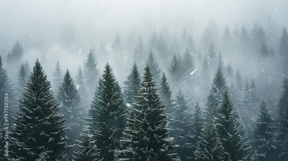  snow-covered alpine forest, with evergreen trees as the background