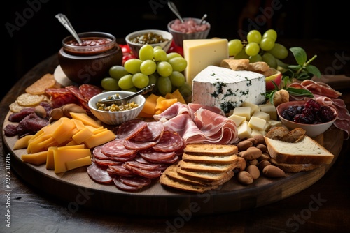Various cheeses, cured meats, and crackers arranged elegantly on a wooden board, accompanied by fruits and condiments. © vachom