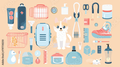 Pet care accessories on light background Vector illustration