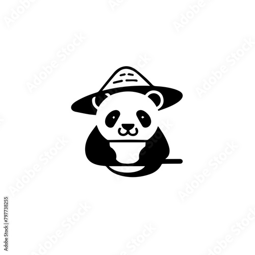 A minimalist logo of a panda in a straw hat with a cup of tea  logo  simple design  black and white 