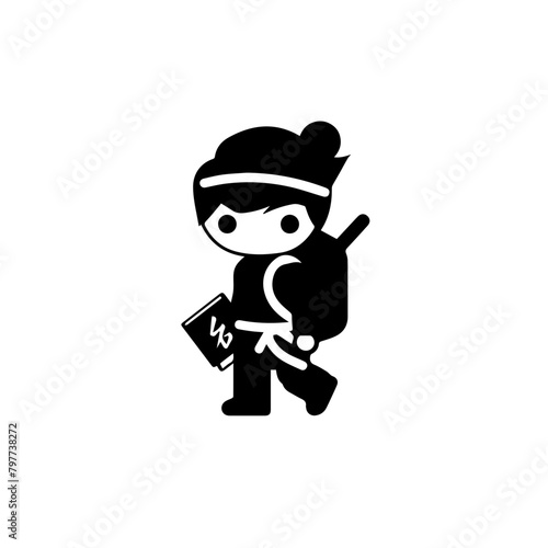 A flat design logo of a little ninja boy with a backpack and school books, black and white