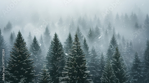  snow-covered alpine forest, with evergreen trees as the background © Nate