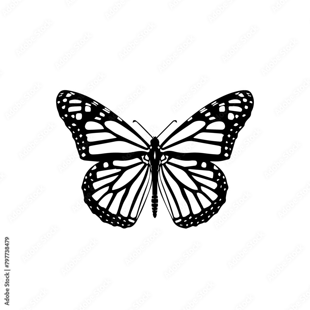 Fototapeta premium Butterfly, sitting, logo, simple, minimal, flat, black, white background 