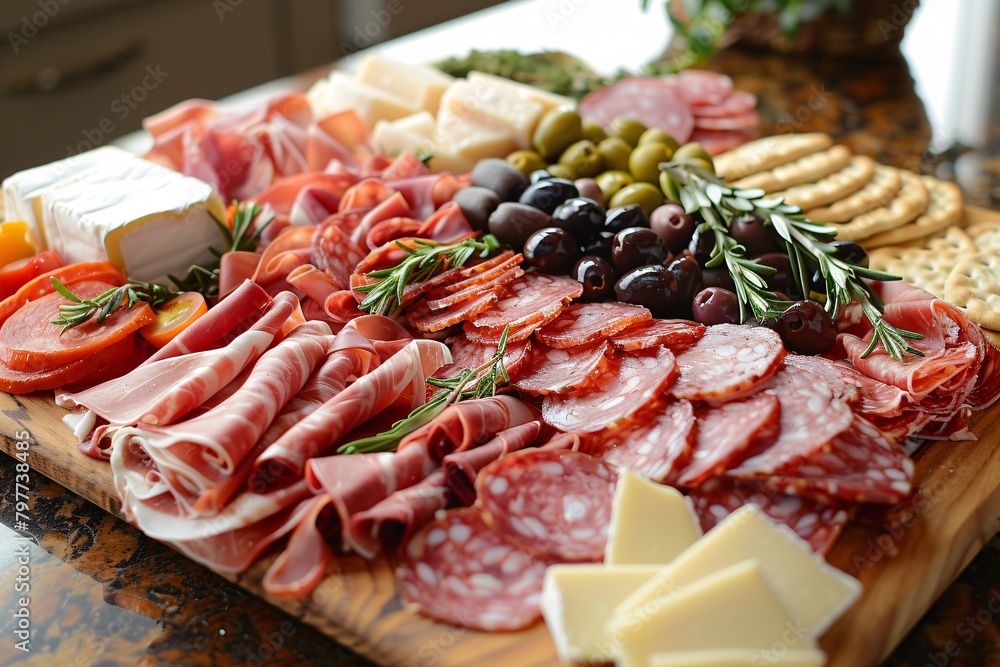 A vibrant charcuterie board featuring assorted meats, cheeses, olives, and crackers, decorated with fresh herbs.