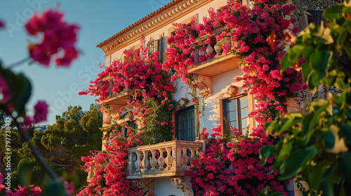 traditional Mediterranean villa, with bougainvillea-covered walls as the background