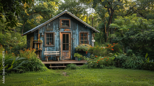 tiny house, with lush greenery as the background