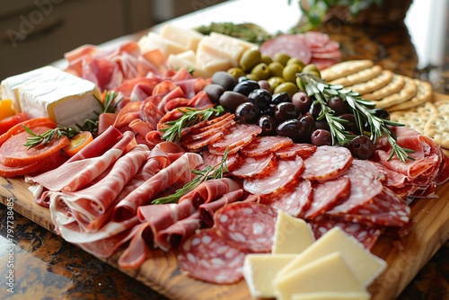 A vibrant charcuterie board featuring assorted meats, cheeses, olives, and crackers, decorated with fresh herbs.