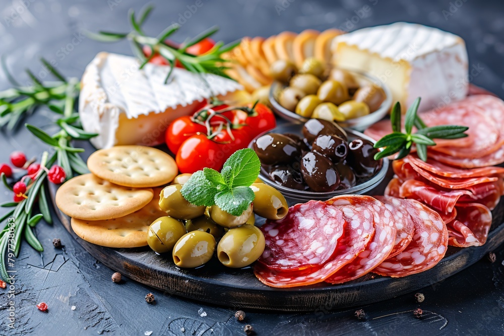A vibrant charcuterie board featuring cheeses, meats, olives, tomatoes, and crackers, garnished with herbs on a dark surface. A vibrant charcuterie board featuring cheeses, meats, olives, tomatoes, and crackers, garnished with herbs on a dark surface.