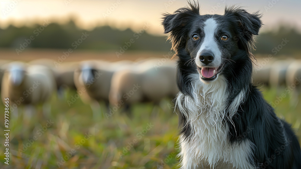 watchful sheepdog, with a flock of sheep grazing in a field as the backdrop