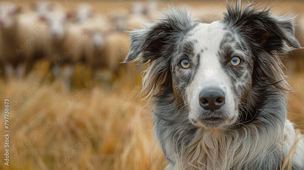 watchful sheepdog, with a flock of sheep grazing in a field as the backdrop