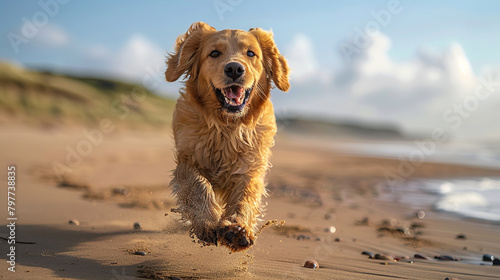 energetic dog, with a sandy beach stretching into the distance as the background