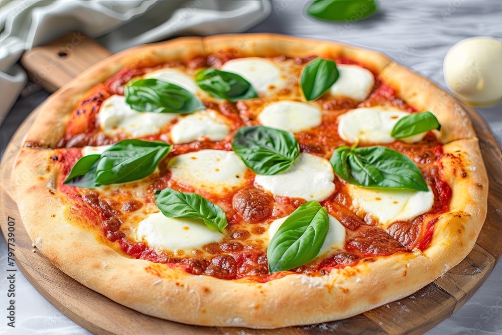 Authentic Italian Margarita Pizza Recipe on Wooden Board: Freshly Baked Culinary Heritage Displaying Hot Mozzarella and Basil Goodness
