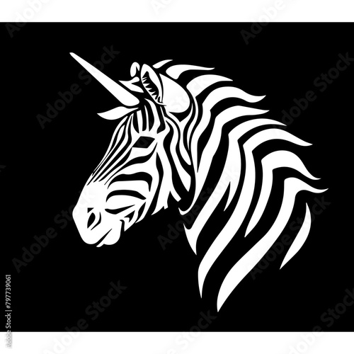 Simple logo of zebra unicorn  white vector illustration on black background