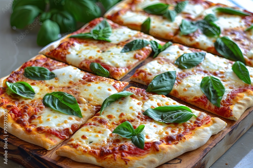 Freshly Baked Italian Pizza on Wooden Board with Hot Mozzarella and Fresh Basil