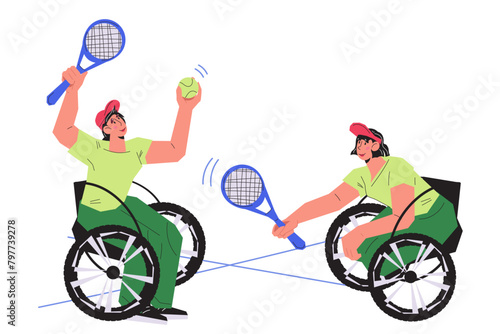 Wheelchair tennis banner with athletes characters who compete in this challenging sport. Competition and the determination of disabled athletes, vector illustration isolated on white background.