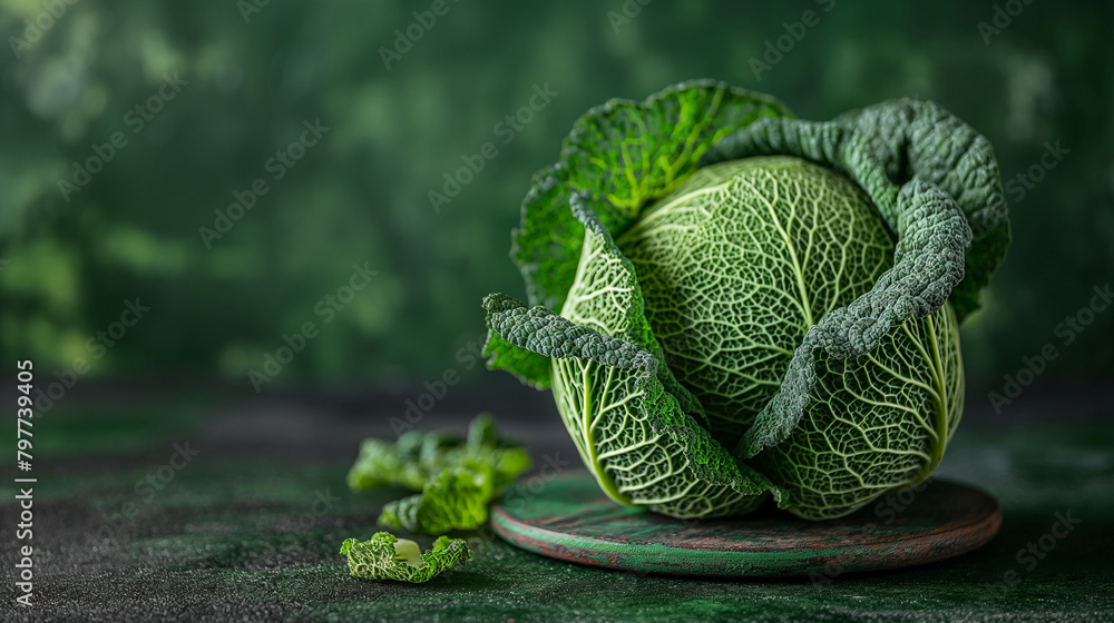 Savoy cabbage on a green background. Cabbage close up. - obrazy, fototapety, plakaty 