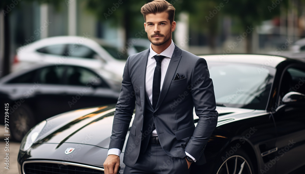 a successful person near an expensive car wearing a suit