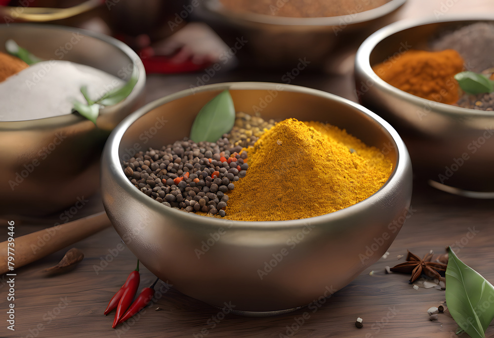 Vibrant Culinary Spices Assortment in Metallic Bowls - Kitchen Still Life for Gourmet Cooking and Global Cuisine Vibrant Culinary Spices Assortment in Metallic Bowls - Kitchen Still Life for Gourmet Cooking and Global Cuisine