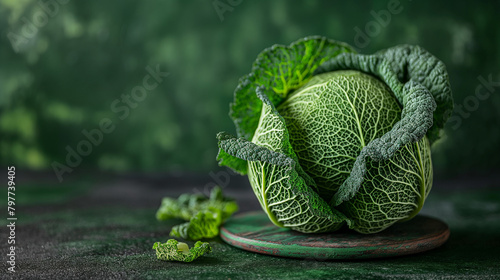 Savoy cabbage on a green background. Cabbage close up. photo