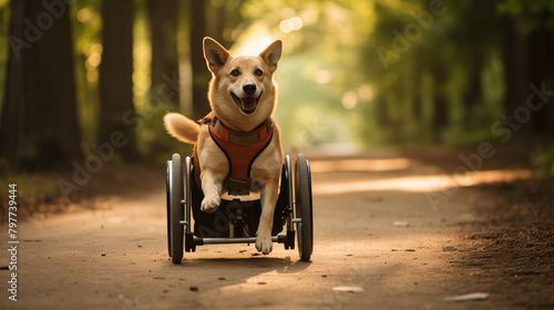 Corgi in a wheelchair enjoying a brisk walk along a green forest path