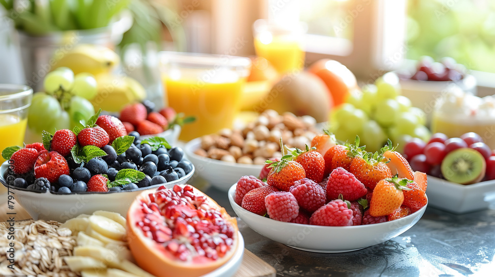 An appetizing display of fresh fruits, whole grains, and yogurt on a breakfast table An appetizing display of fresh fruits, whole grains, and yogurt on a breakfast table