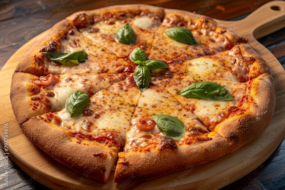Stretchy Cheese Margarita Pizza: Freshly Baked Italian Tradition on Wooden Board Stretchy Cheese Margarita Pizza: Freshly Baked Italian Tradition on Wooden Board