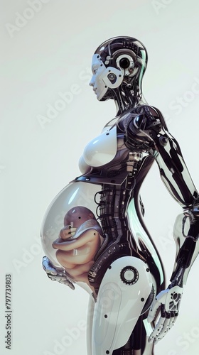 Futuristic depiction of a pregnant robot woman, blending concepts of technology and human life in a thought-provoking art piece.