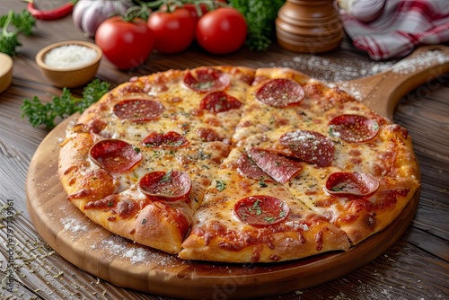 Hot and Tasty Pepperoni Pizza: Traditional Italian Meal on Wooden Board