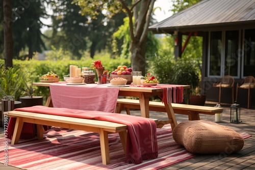 An outdoor dining setup features a rustic wooden table, benches with red tablecloths, and lots of fresh food and drinks. © vachom
