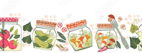 Seamless border with pickled vegetables in jars for harvest saving and food preserving themes, canned food labels design element, flat hand drawn vector illustration isolated on white.