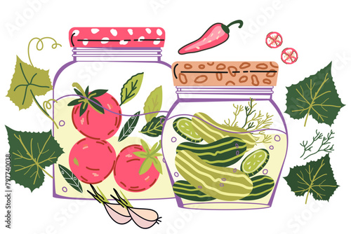 Pickling vegetables and food fermentation concept. Pickled vegetables in jars for harvest saving and food preserving techniques, canned food labels design element, flat hand drawn vector illustration.
