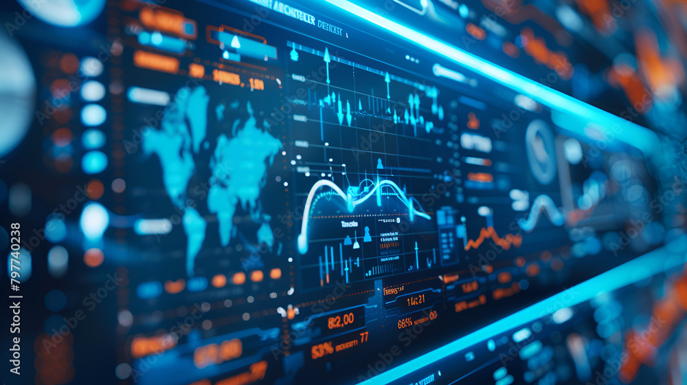 Digital Technology Network Data and Communication Concept Abstract Background,Laptop with digital map and stock chart on office desktop. Global trade and data concept. Double exposure

